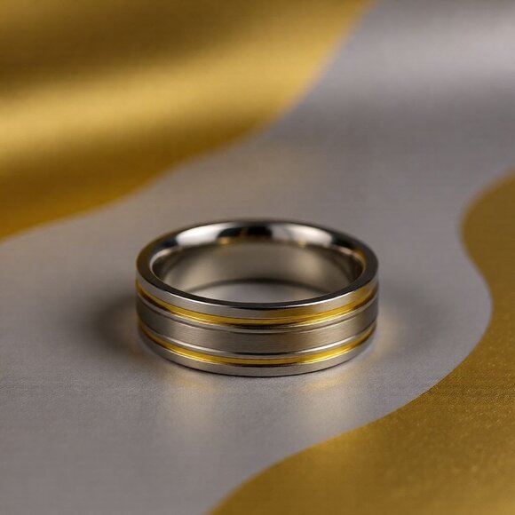 Mens Stainless Steel & Yellow IP Band Ring Size 12 By Forever Bride - Picture 3 of 5
